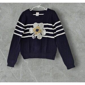 Gymboree Girls Long Sleeve Floral Sequin White Stripes Navy Blue Sweater Size M